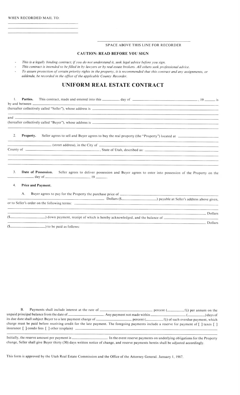 Utah Uniform Real Estate Contract Fill Out, Sign Online and Download