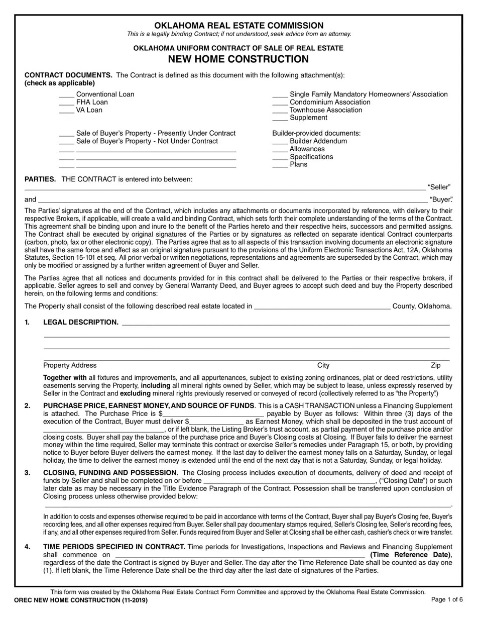 Oklahoma Oklahoma Uniform Contract of Sale of Real Estate New Home