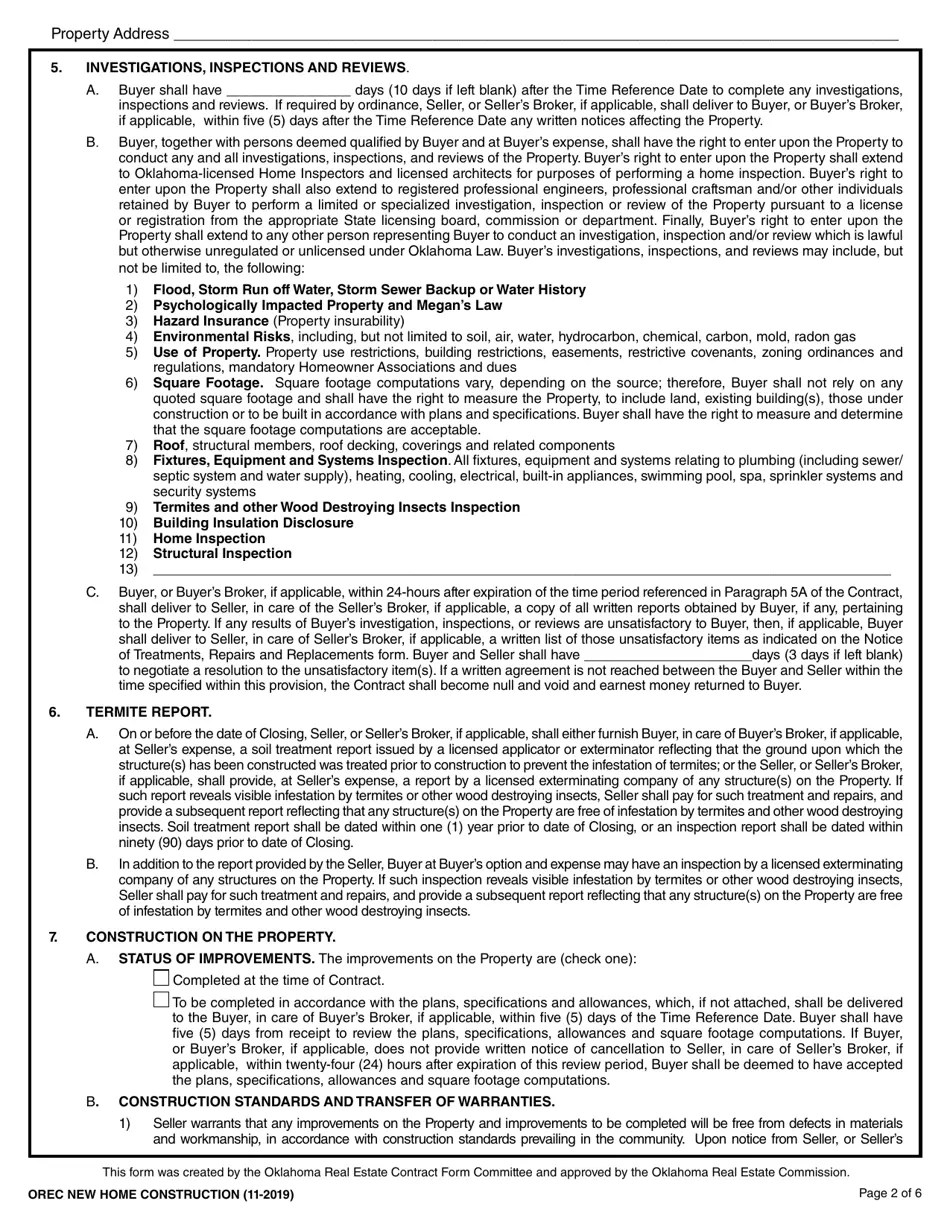 Oklahoma Oklahoma Uniform Contract of Sale of Real Estate New Home