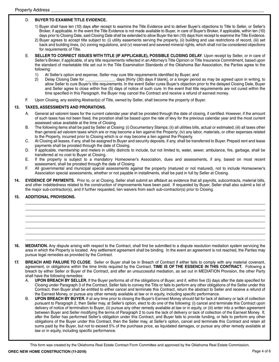 Oklahoma Oklahoma Uniform Contract of Sale of Real Estate New Home