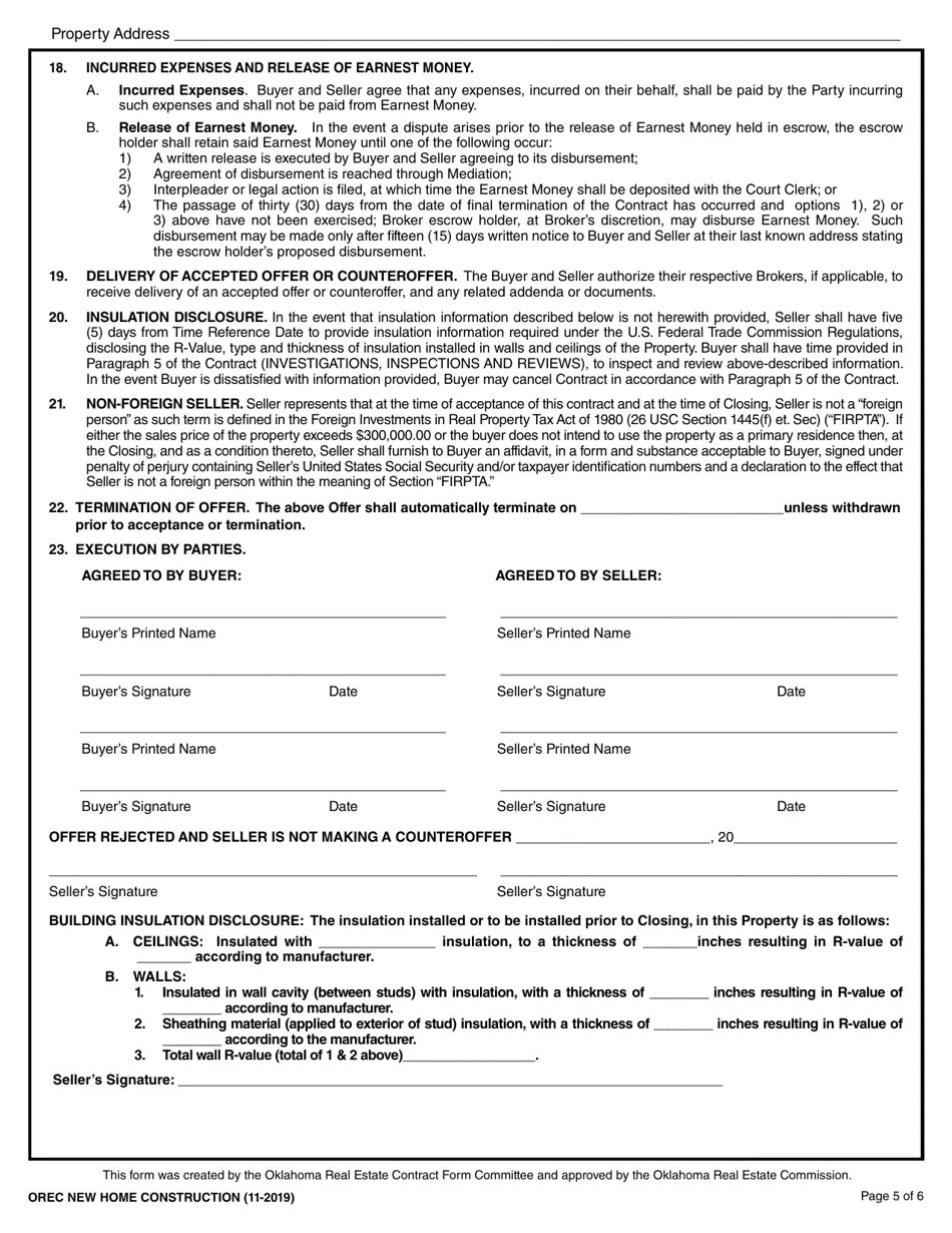 Oklahoma Oklahoma Uniform Contract of Sale of Real Estate New Home