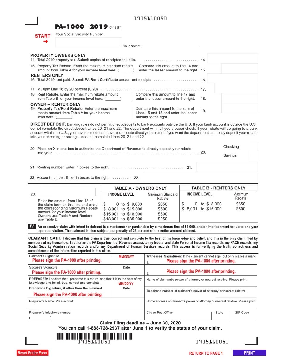 Form PA1000 2019 Fill Out, Sign Online and Download Fillable PDF, Pennsylvania Templateroller