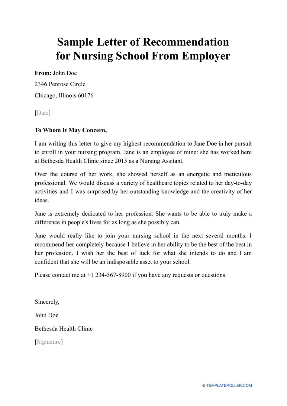 Sample Letter of for Nursing School From Employer