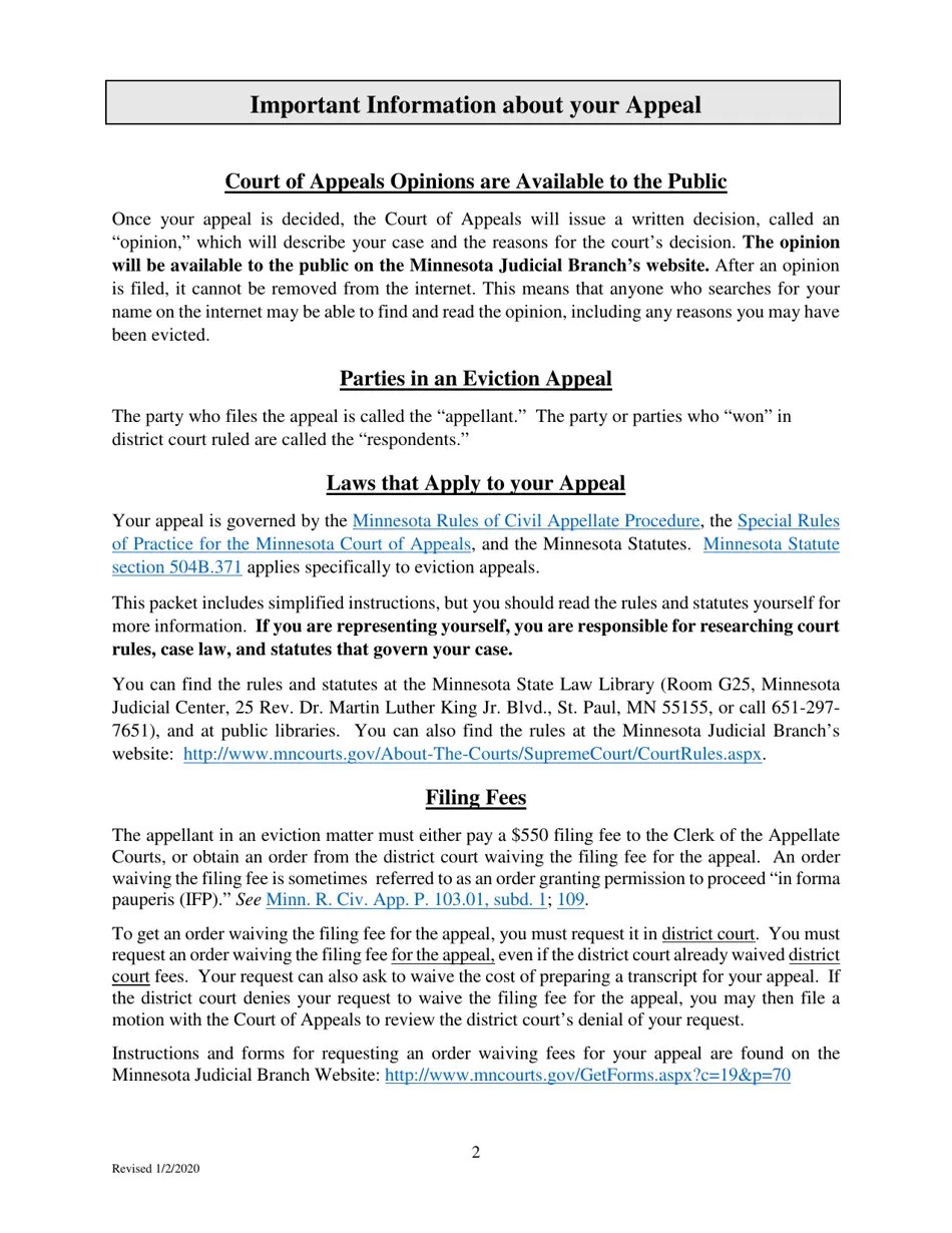 Minnesota Filing an Eviction Appeal at the Minnesota Court of Appeals