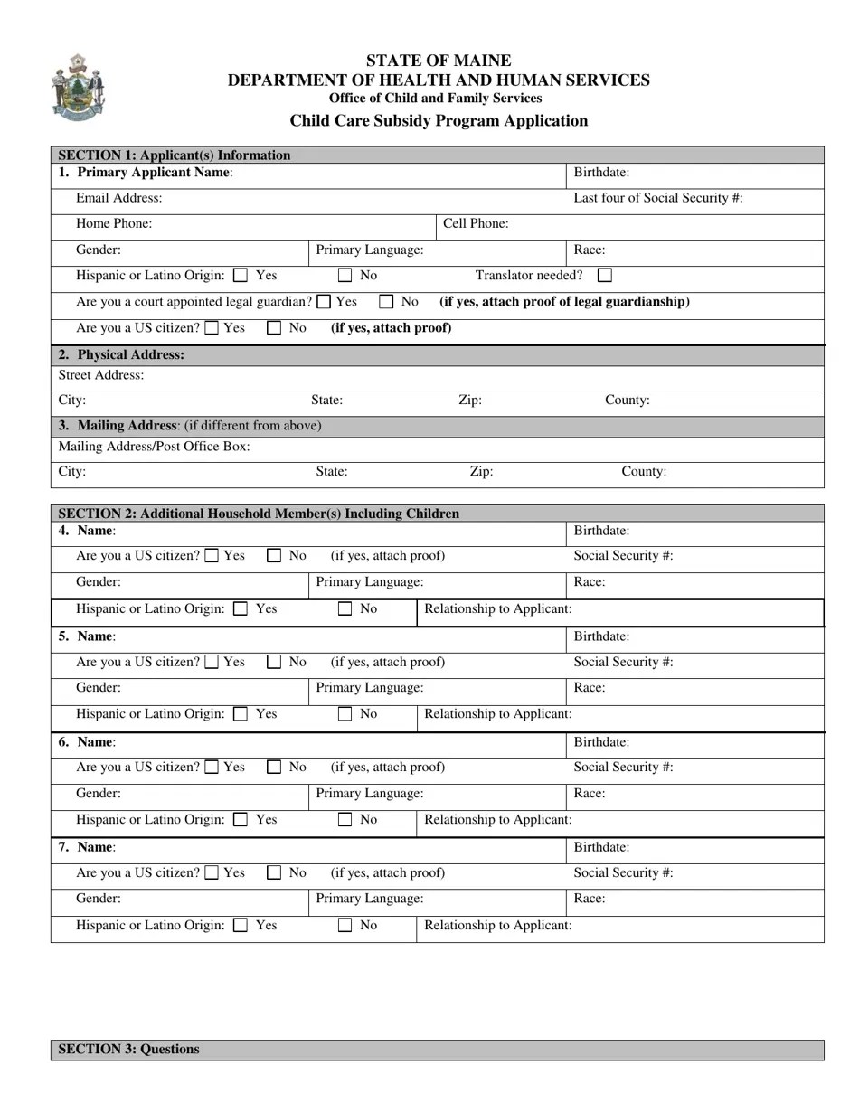 Maine Child Care Subsidy Program (Ccsp) Application Fill Out, Sign