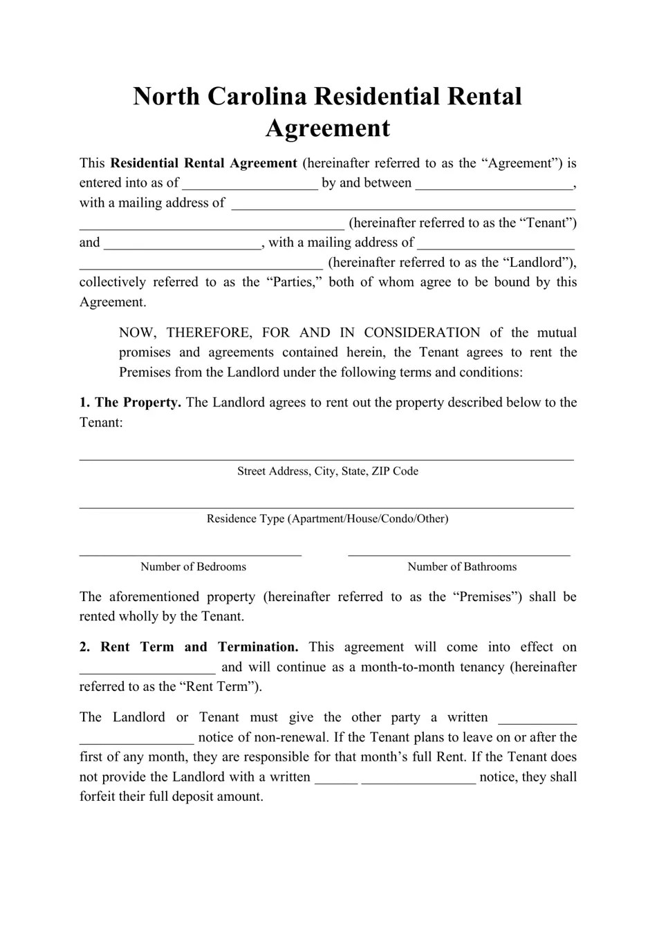 North Carolina Residential Rental Agreement Template Fill Out, Sign