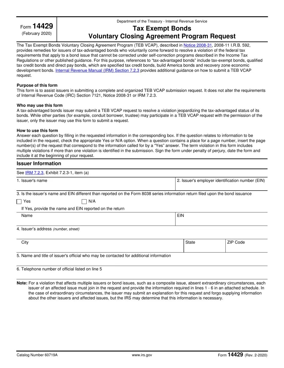 IRS Form 14429 Download Fillable PDF or Fill Online Tax Exempt Bonds Voluntary Closing Agreement