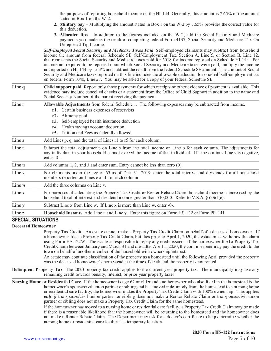 Download Instructions for Form HS122 Vermont Homestead Declaration and