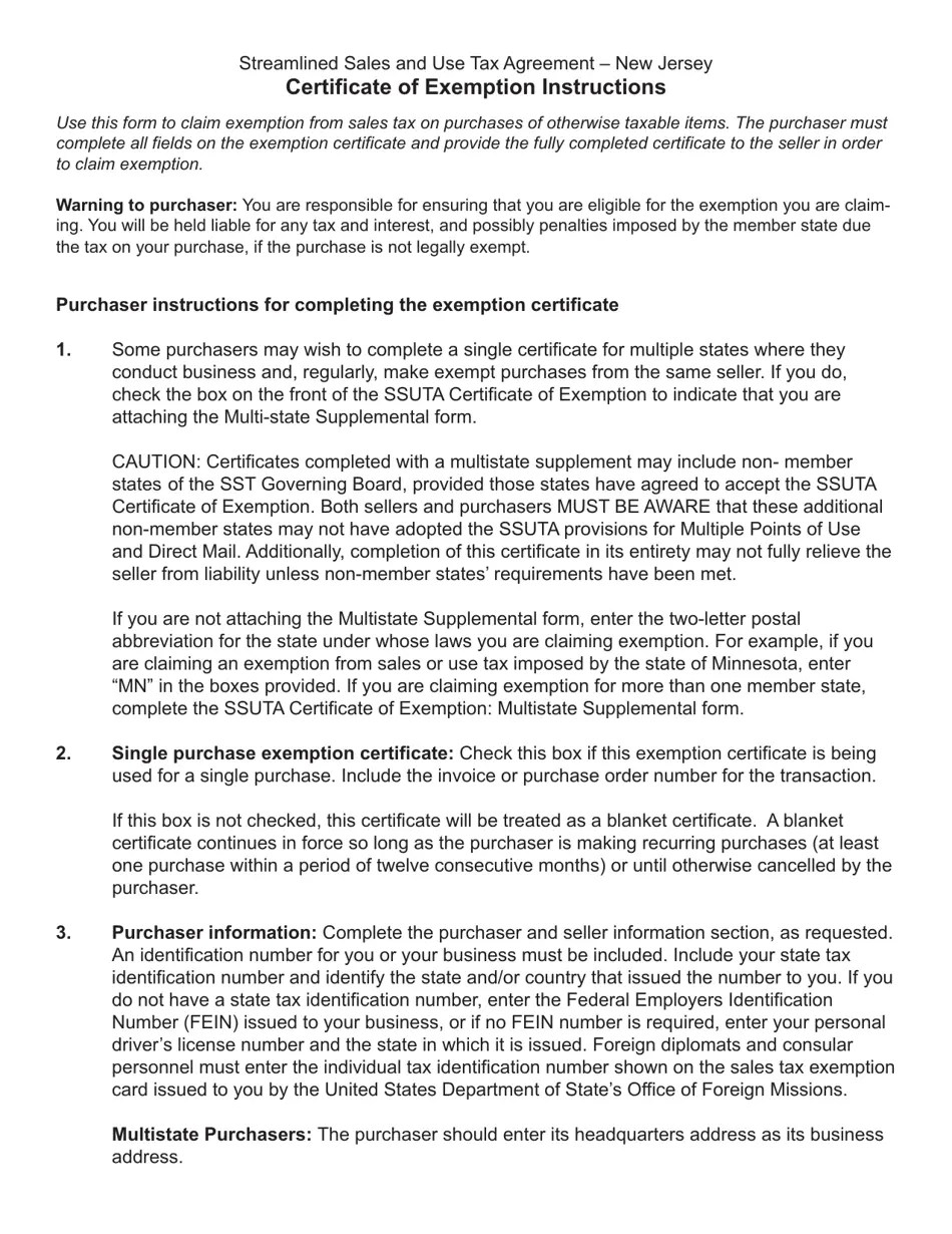 New Jersey Streamline Sales & Use Tax Agreement Certificate of