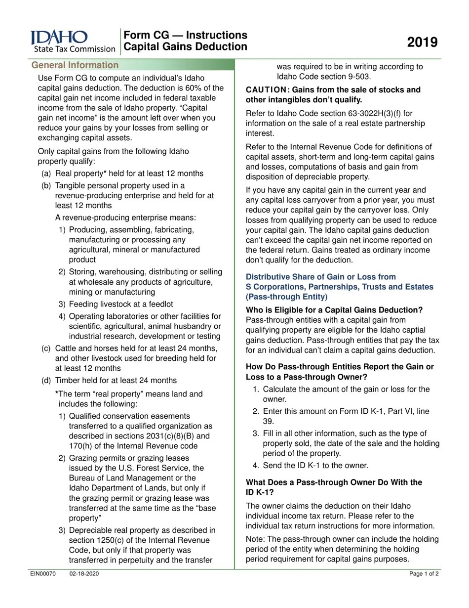 Form CG Download Fillable PDF or Fill Online Capital Gains Deduction