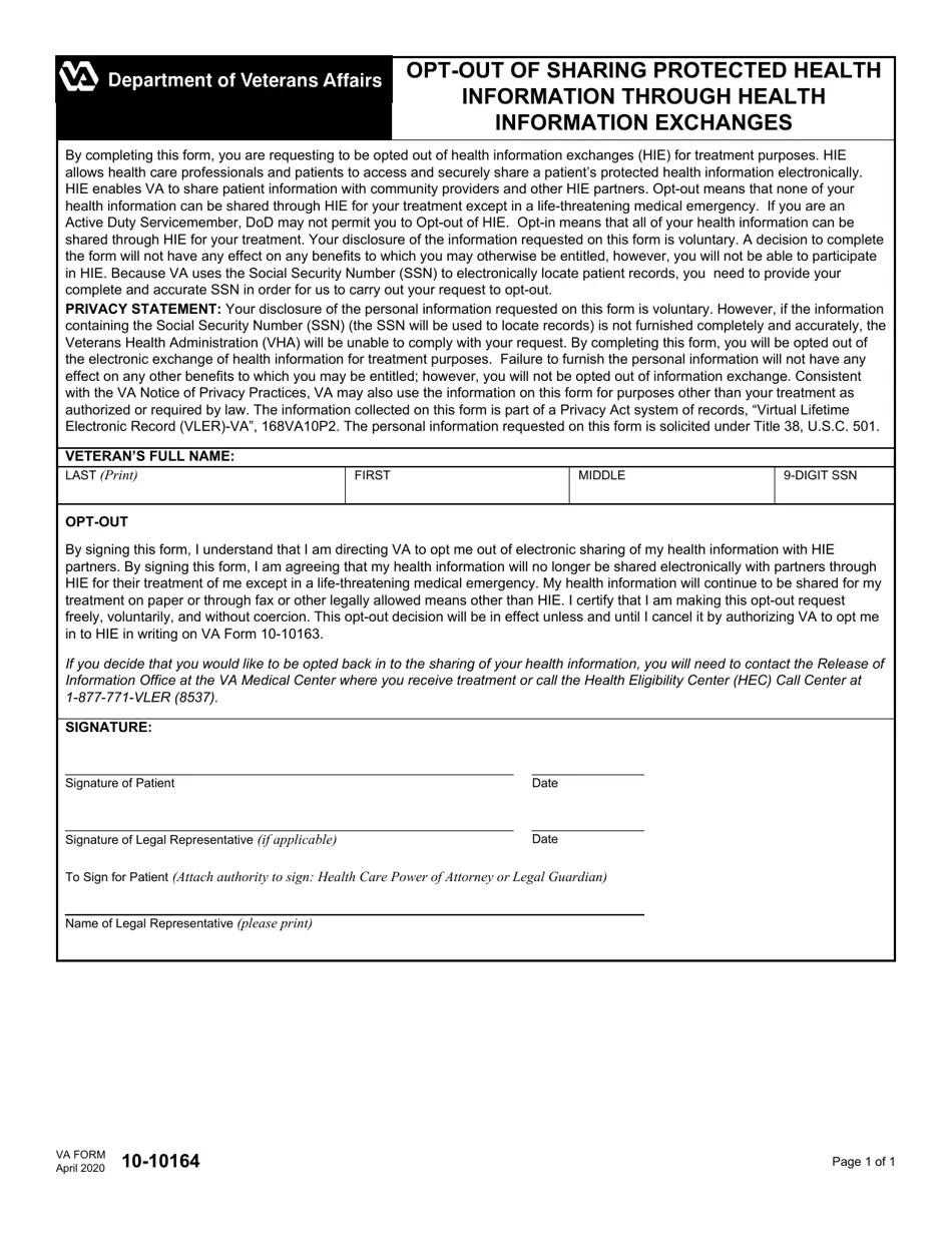 VA Form 1010164 Download Fillable PDF or Fill Online OptOut of