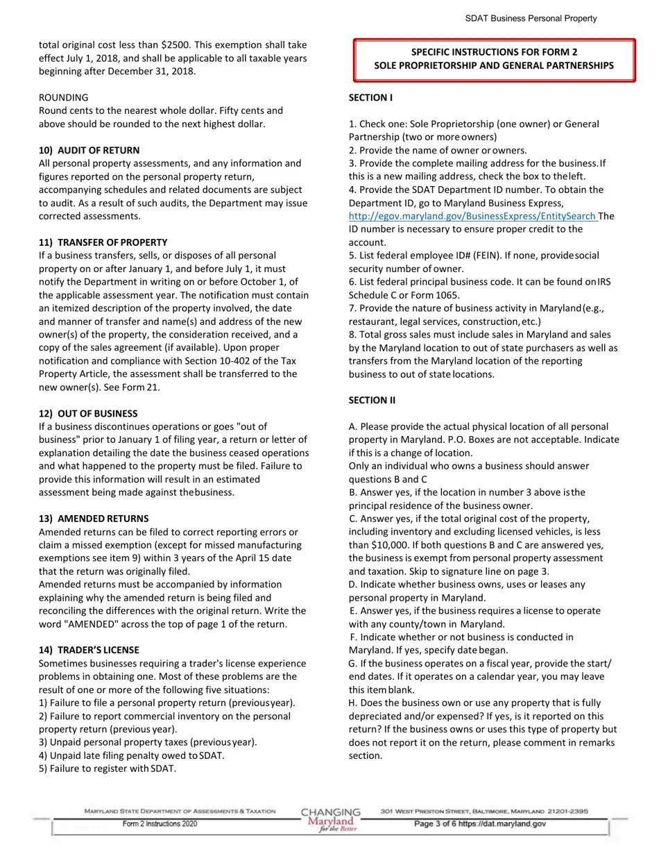Download Instructions for Form 2 Business Personal Property Tax Return