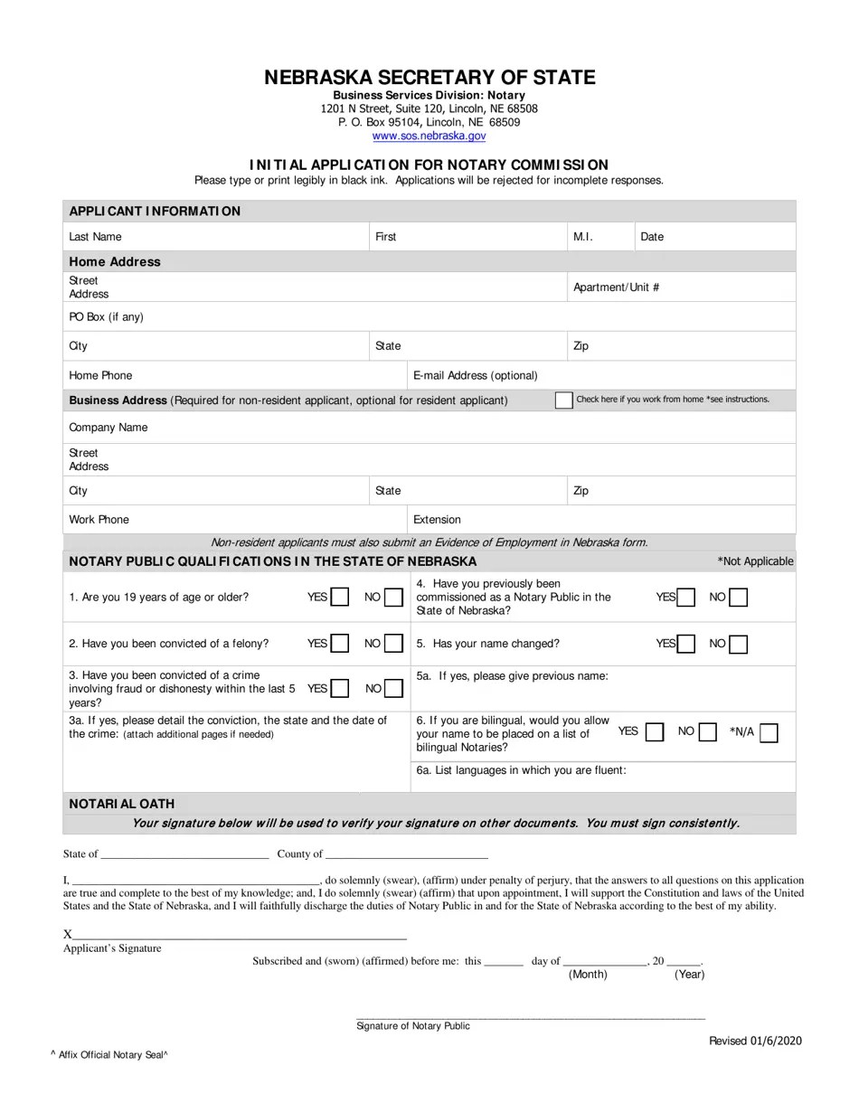 Nebraska Initial Application for Notary Commission Fill Out, Sign