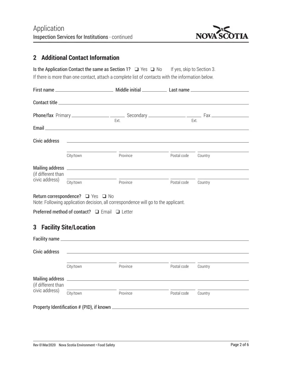 Nova Scotia Canada Inspection Services for Institutions Application