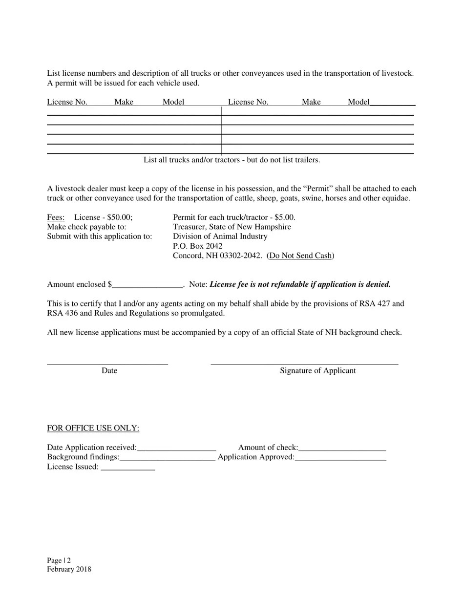 New Hampshire Initial Application for Livestock Dealer's License