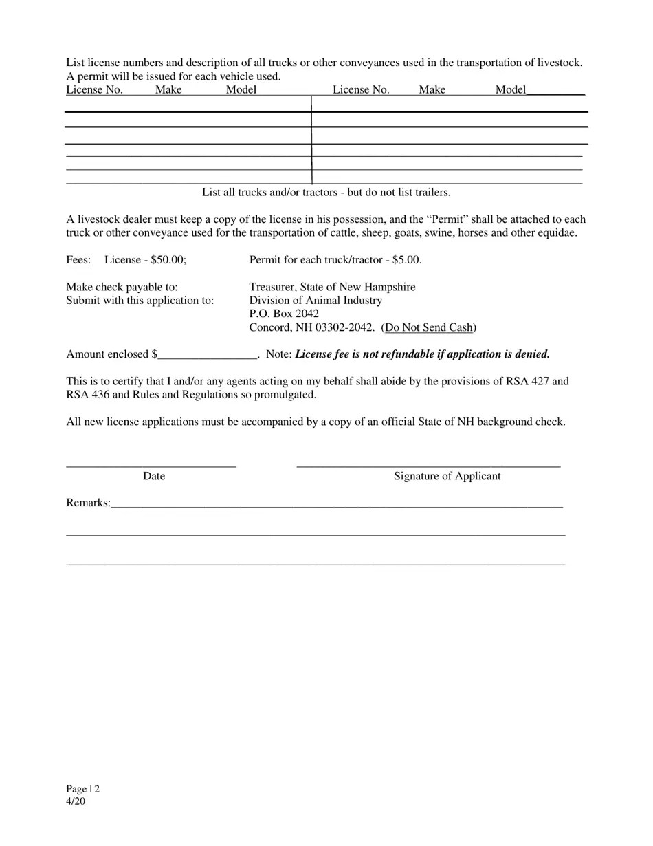 New Hampshire Renewal Application for Livestock Dealer's License Fill