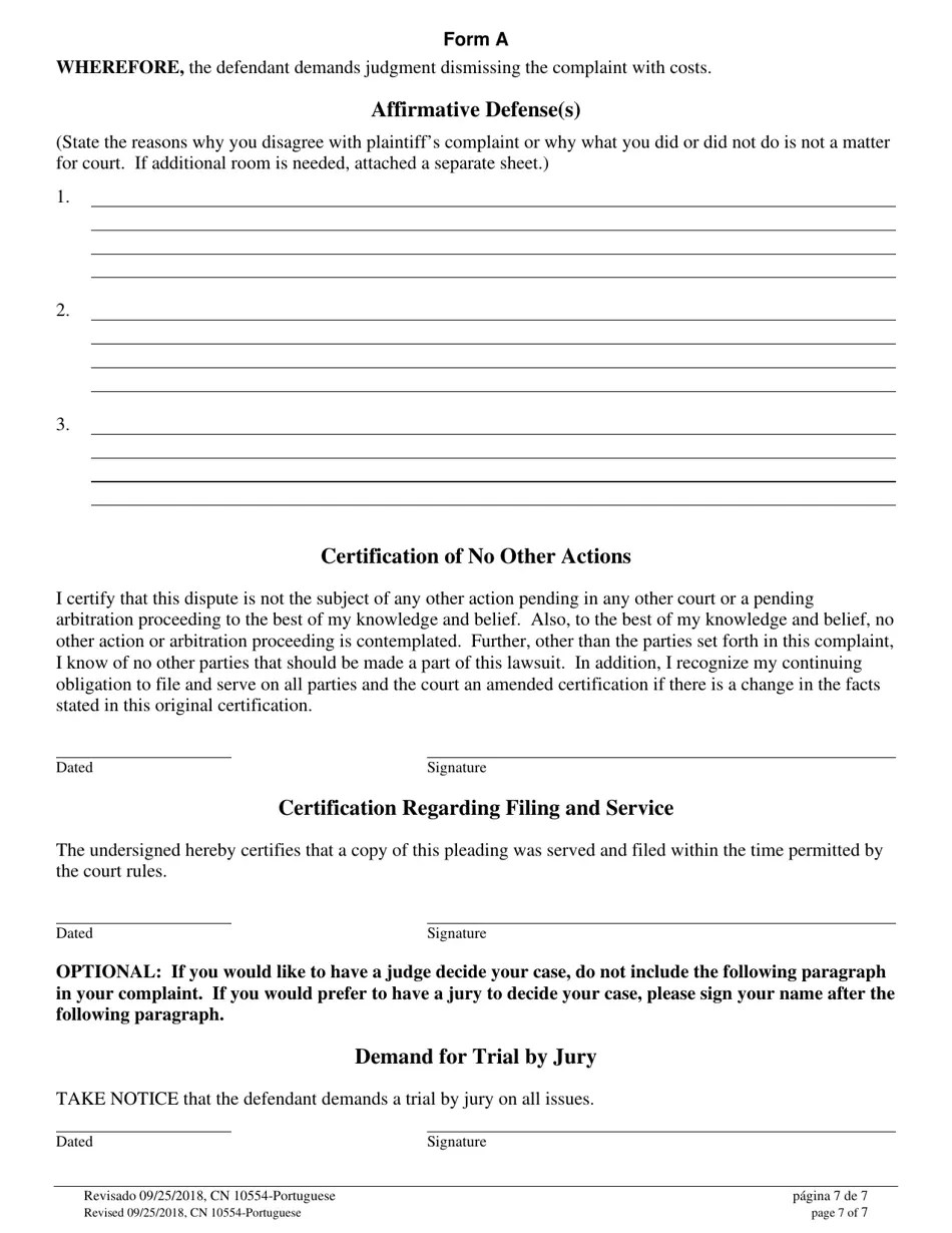 Form A (10554) Download Fillable PDF or Fill Online Civil Action Answer New Jersey (English