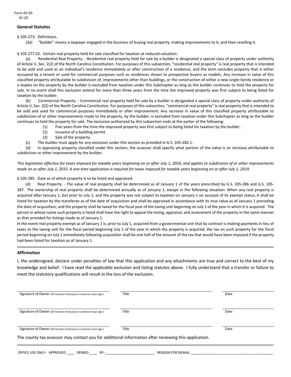 Form AV65 Download Fillable PDF or Fill Online Builder Property Tax Exclusion North Carolina