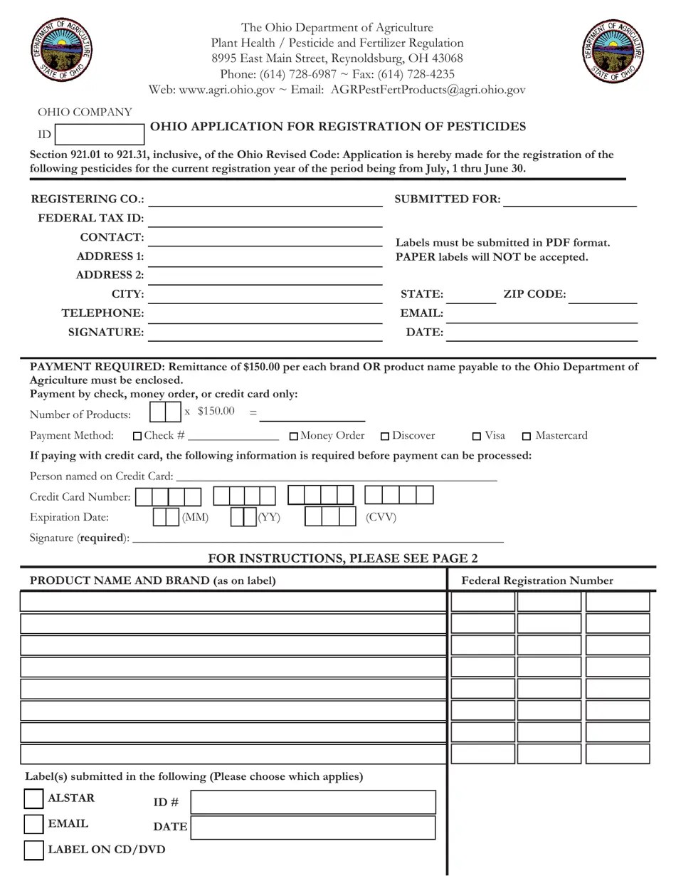 Ohio Ohio Application for Registration of Pesticides Fill Out, Sign Online and Download PDF