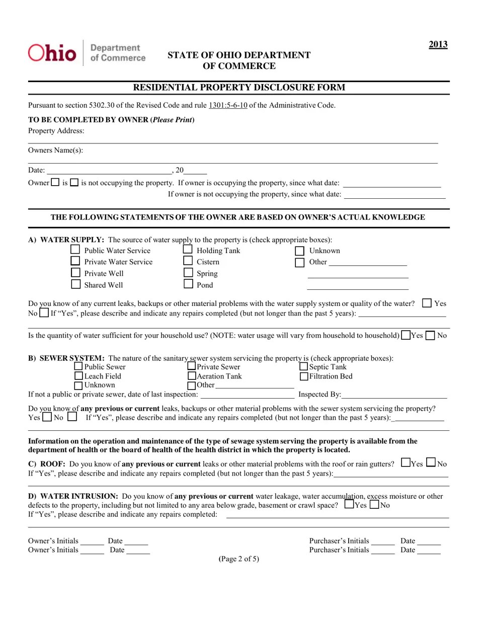 2013 Ohio Residential Property Disclosure Form Fill Out, Sign Online