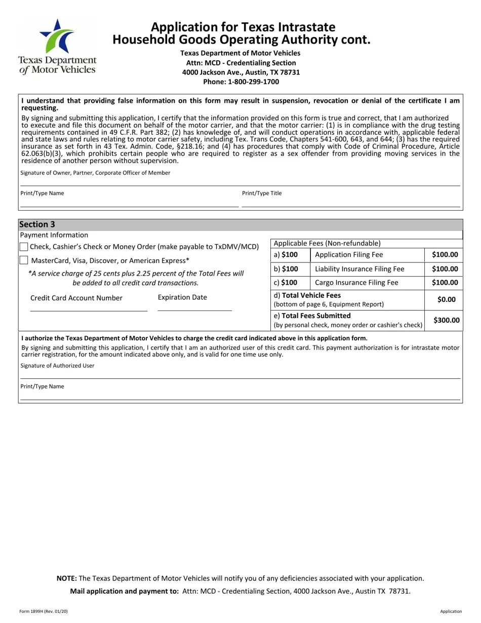 Form 1899H Download Fillable PDF or Fill Online Application for Texas