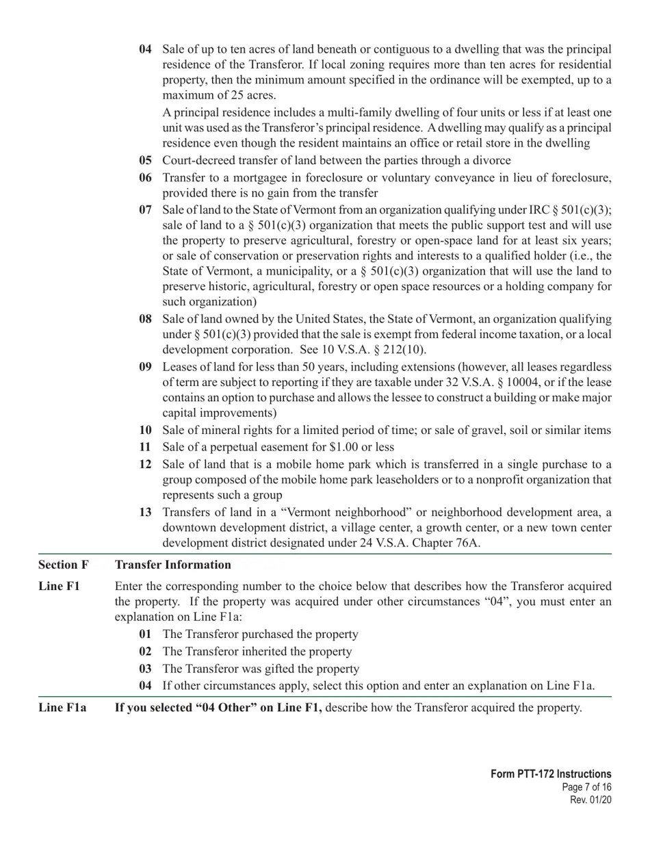 Download Instructions for VT Form PTT172 Vermont Property Transfer Tax