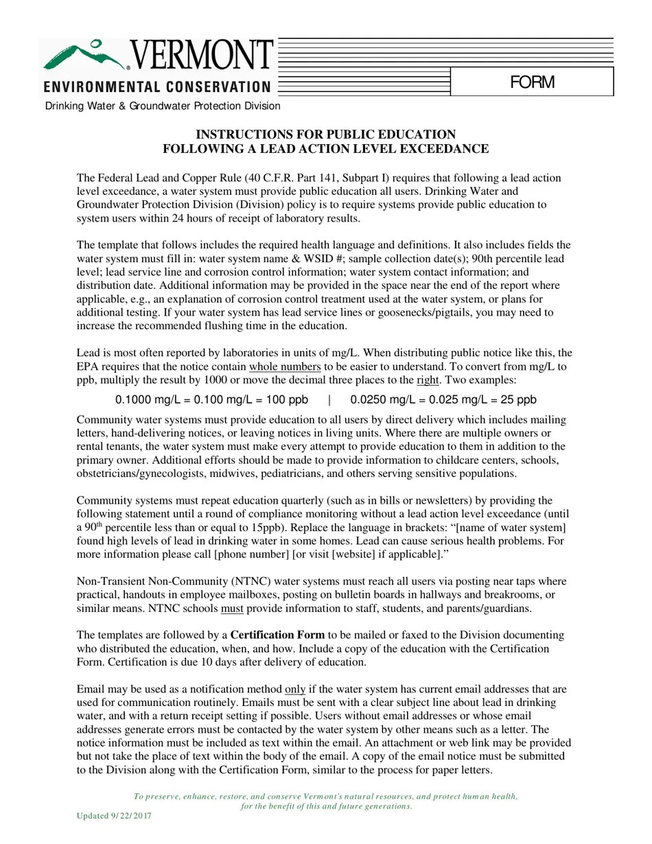 Vermont Public Education Following a Lead Action Level Exceedance