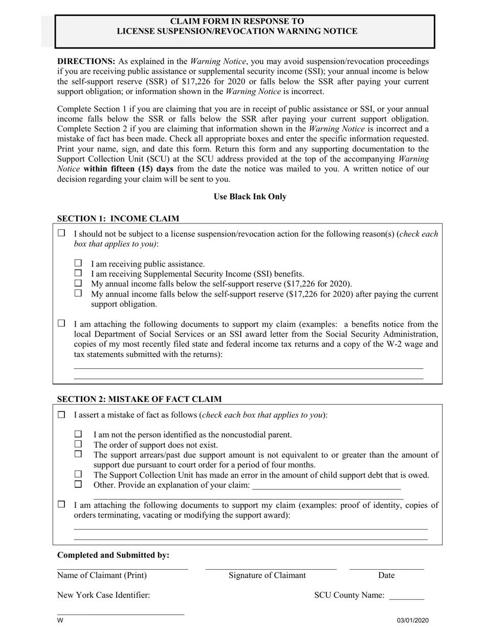 New York Claim Form in Response to License Suspension/Revocation