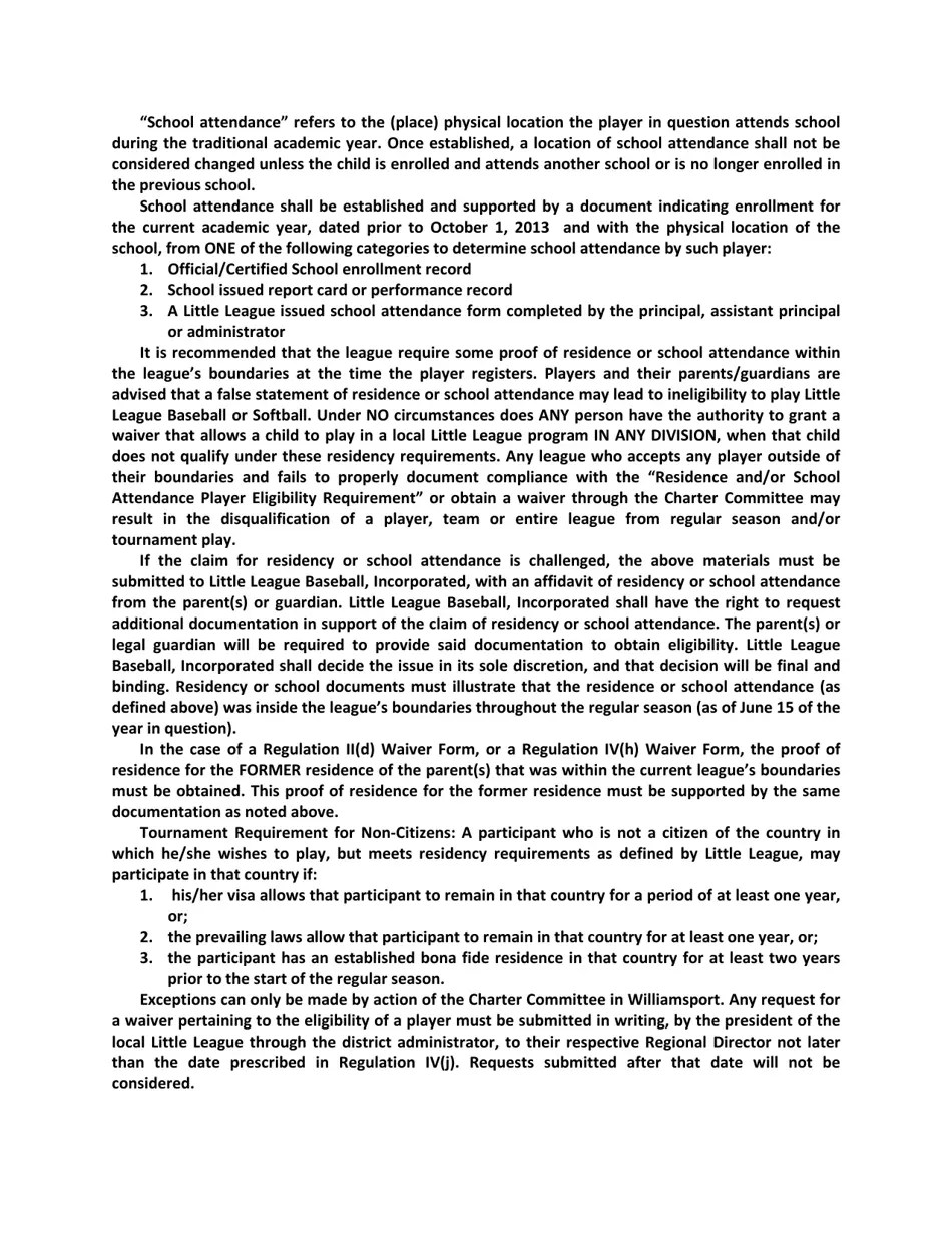 Residence Eligibility Requirements Little League Download Printable PDF Templateroller