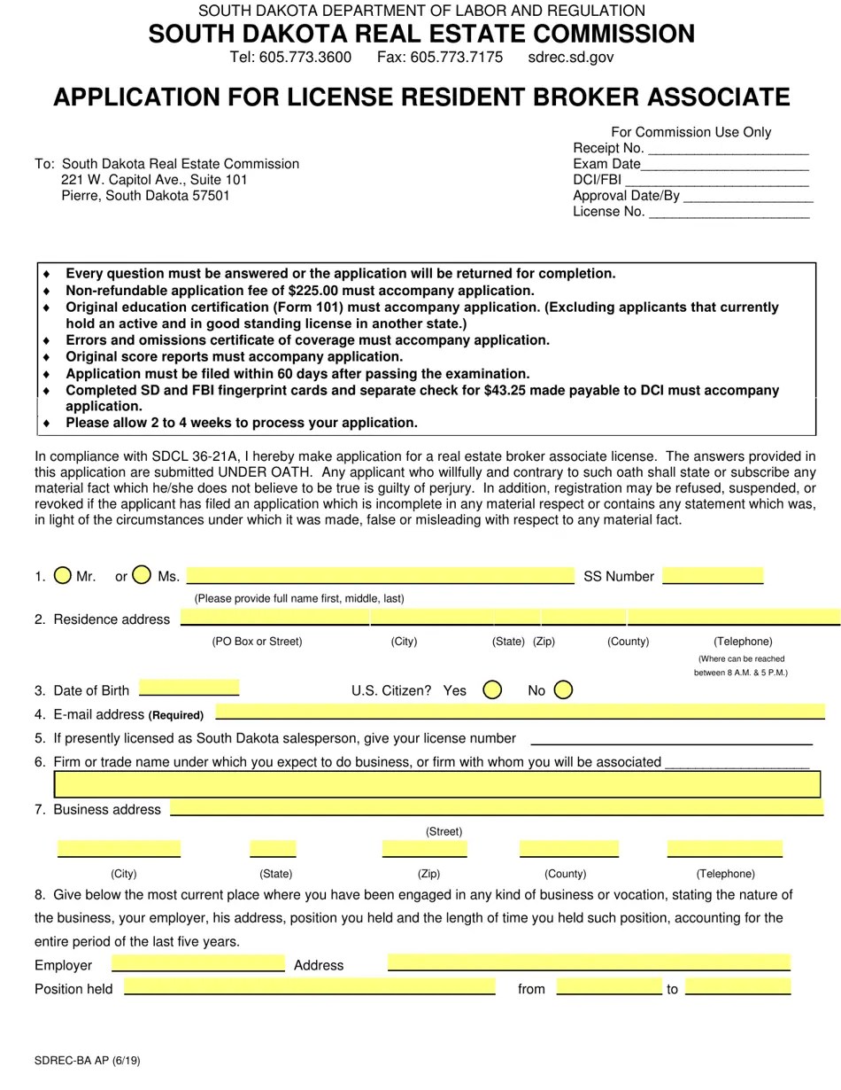 SD Form 0261 Download Fillable PDF or Fill Online South Dakota Resident