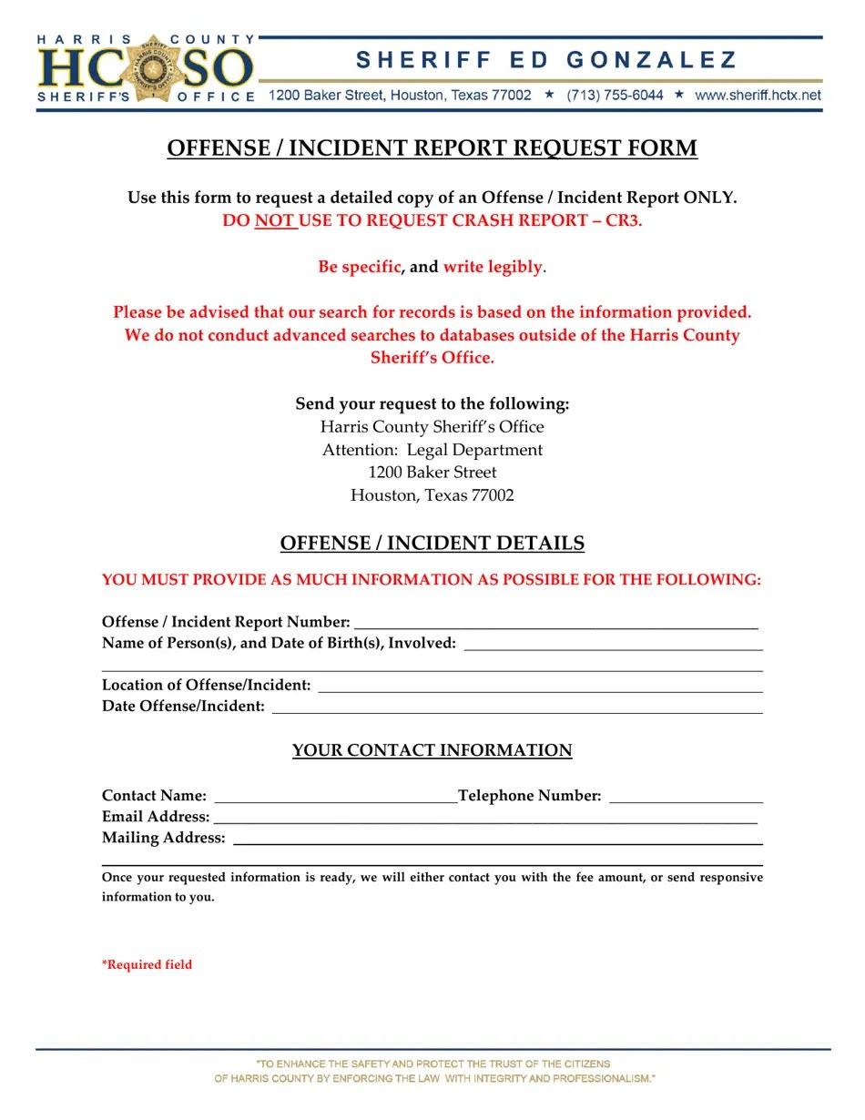 Harris County, Texas Offense / Incident Report Request Form Fill Out