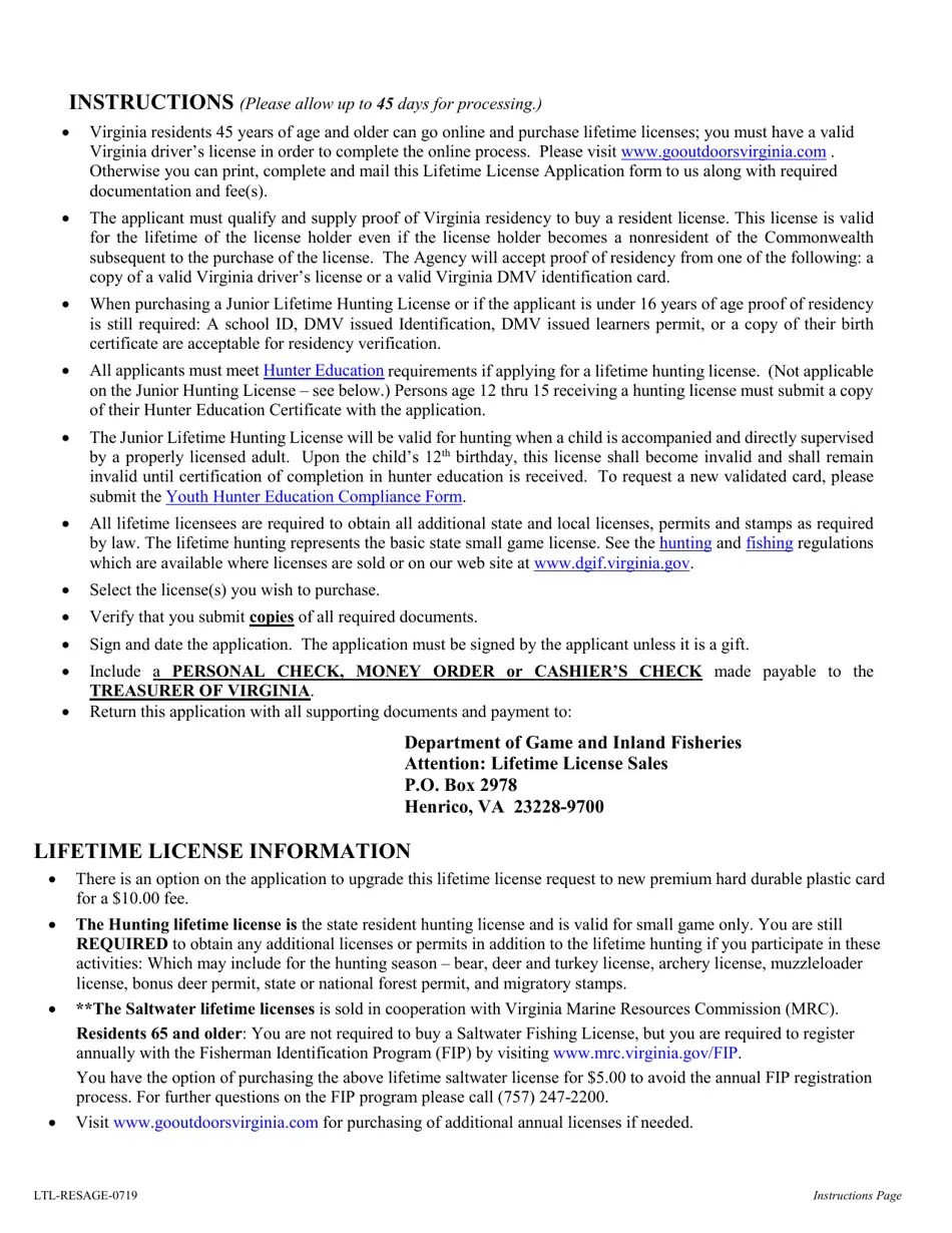 Virginia Commonwealth of Virginia Resident Application for Lifetime