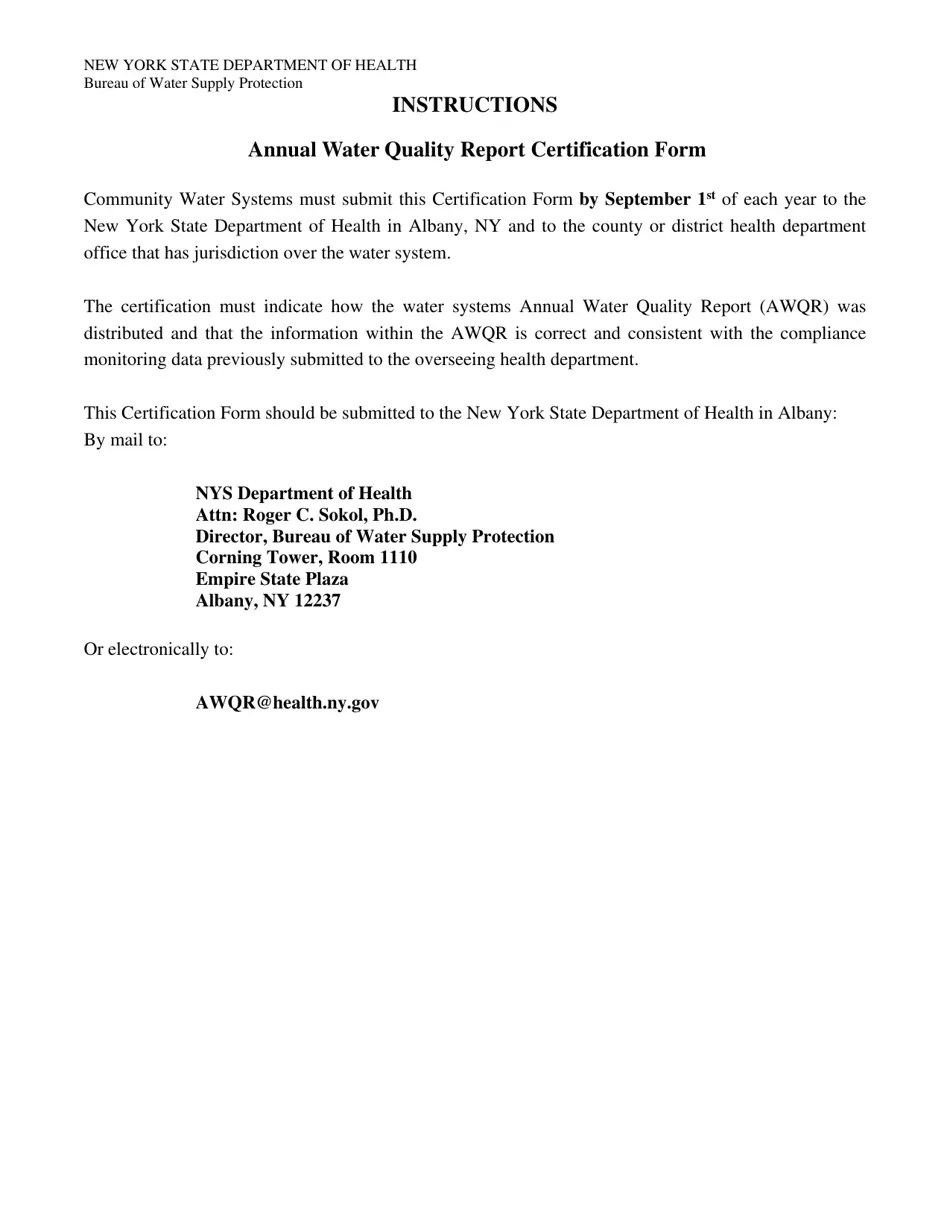 New York Annual Water Quality Report Certification Form Fill Out