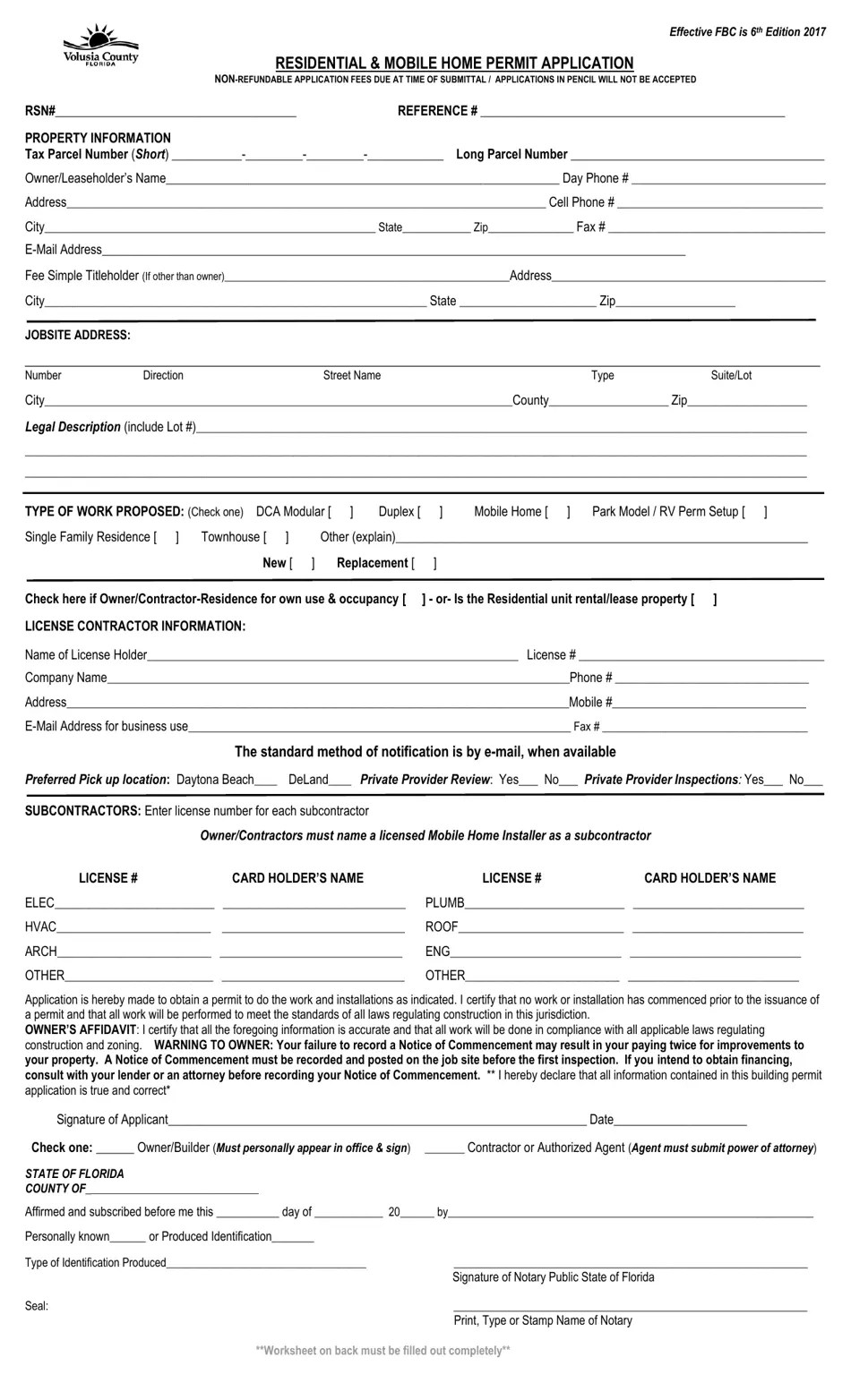 Volusia County, Florida Residential & Mobile Home Permit Application