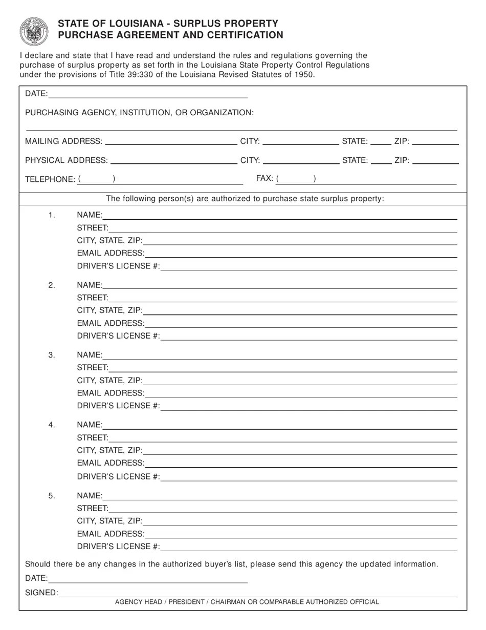Louisiana Surplus Property Purchase Agreement and Certification Fill