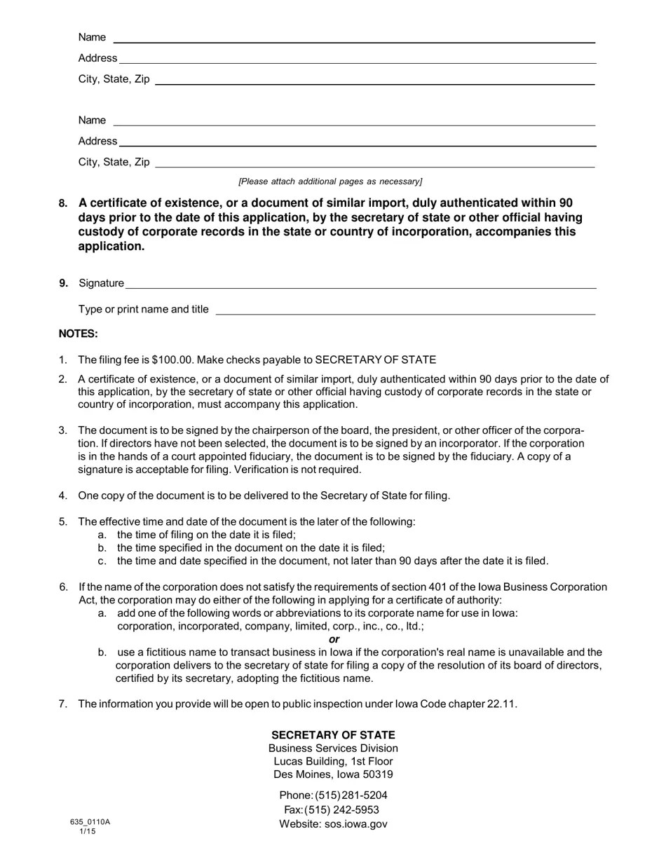 Iowa Application for Certificate of Authority Fill Out, Sign Online