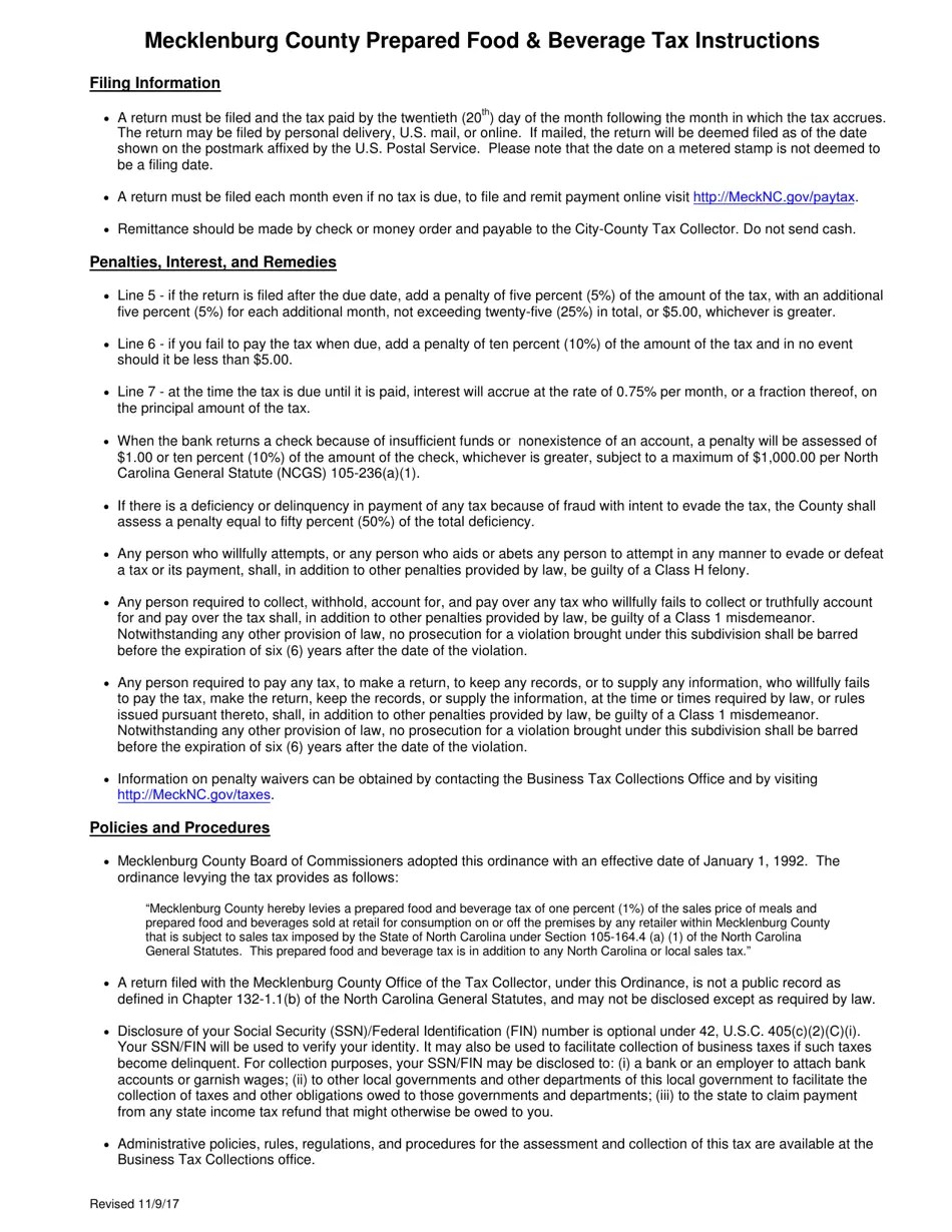 Mecklenburg County, North Carolina Tax Return Prepared Food and