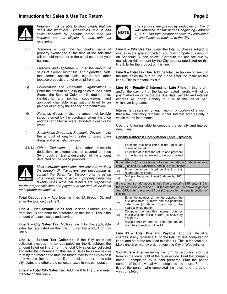 City of Westminster, Colorado Sales Use Tax Return Fill Out, Sign