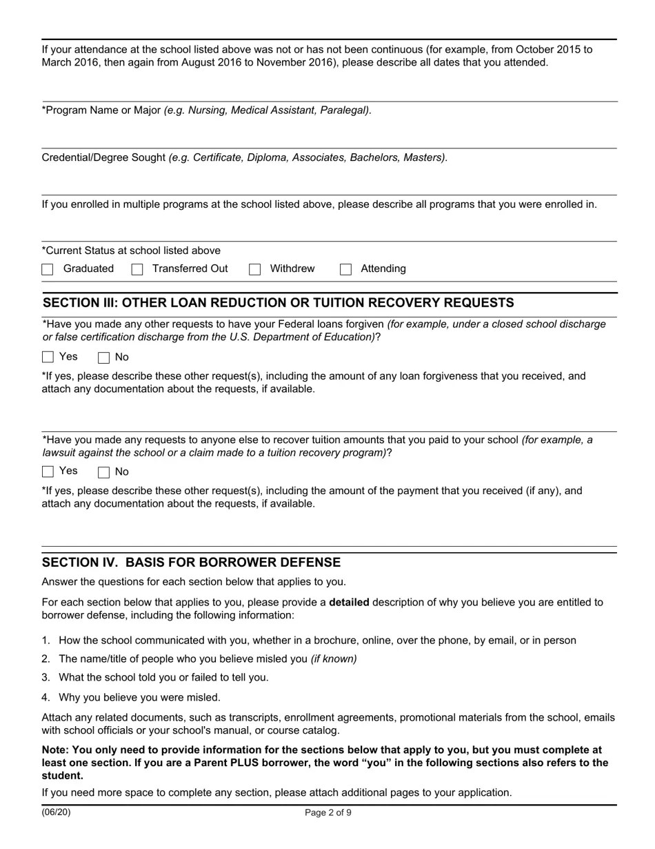 Application for Borrower Defense to Loan Repayment Fill Out, Sign