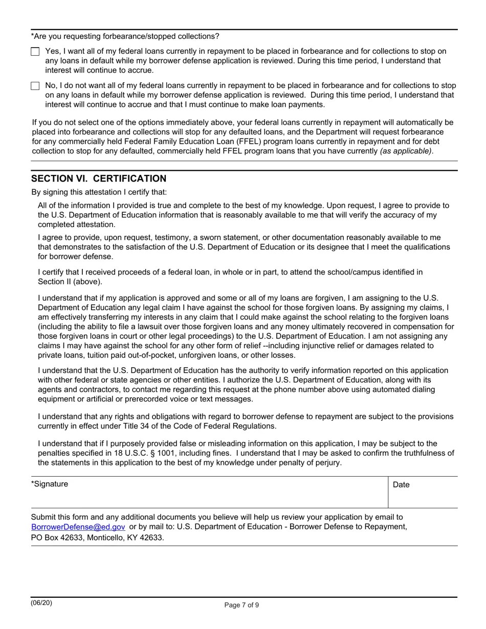 Application for Borrower Defense to Loan Repayment Fill Out, Sign