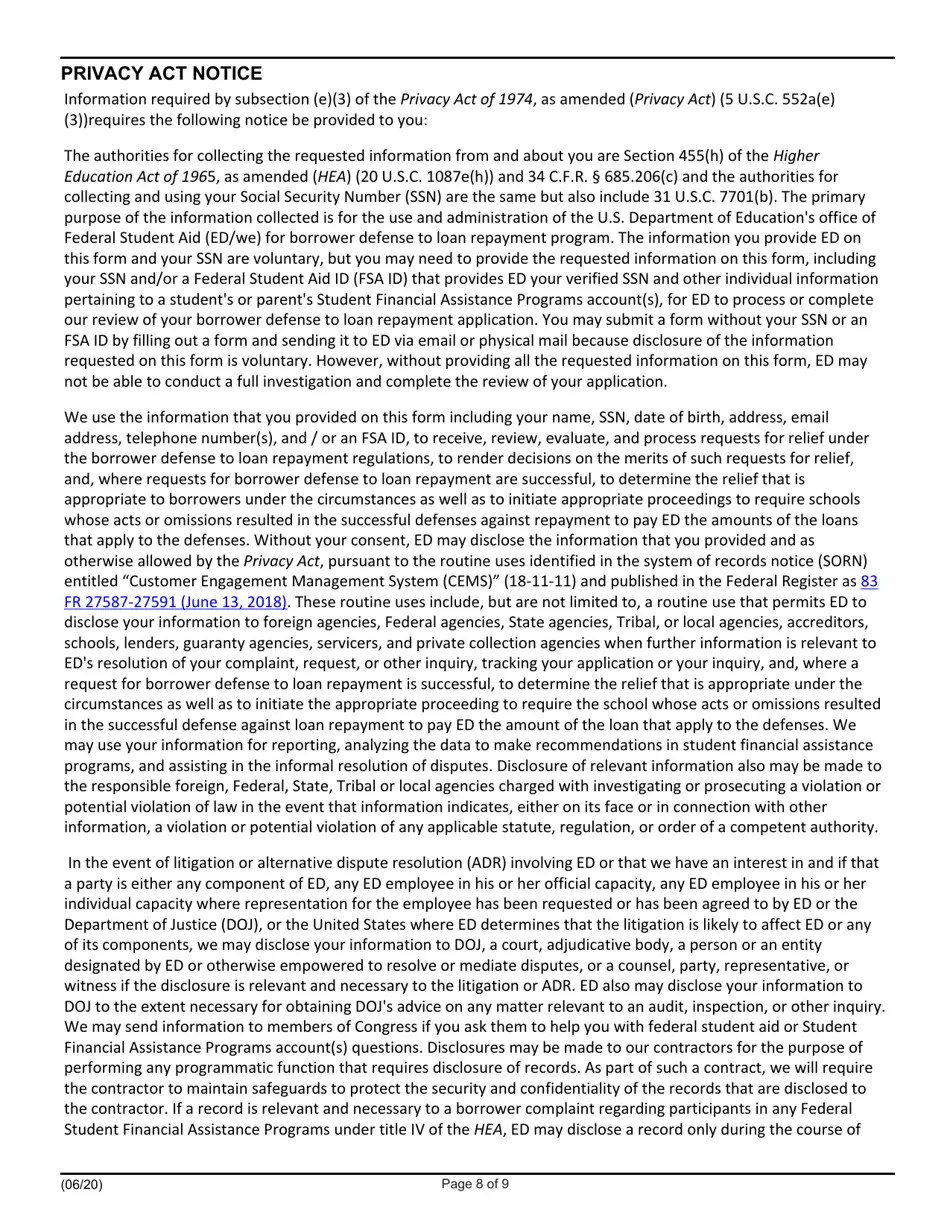 Application for Borrower Defense to Loan Repayment Fill Out, Sign