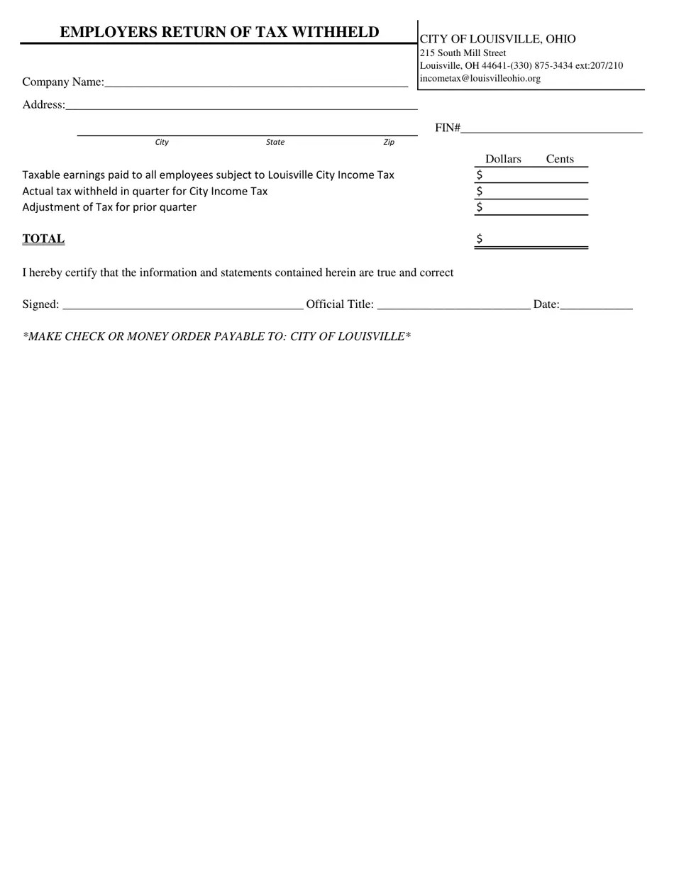 City of Louisville, Ohio Employers Return of Tax Withheld Fill Out
