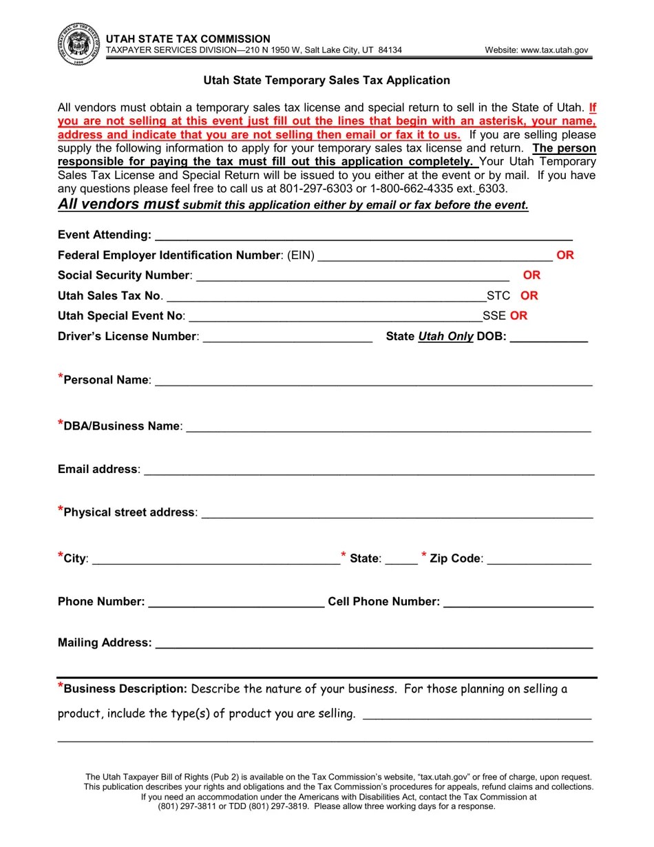 Utah Utah State Temporary Sales Tax Application Fill Out, Sign Online