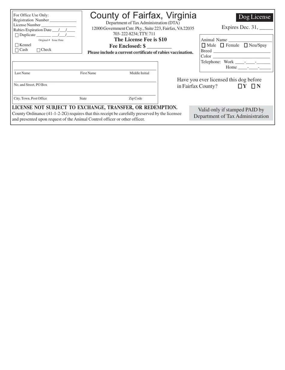 County of Fairfax, Virginia Dog License Application Fill Out, Sign