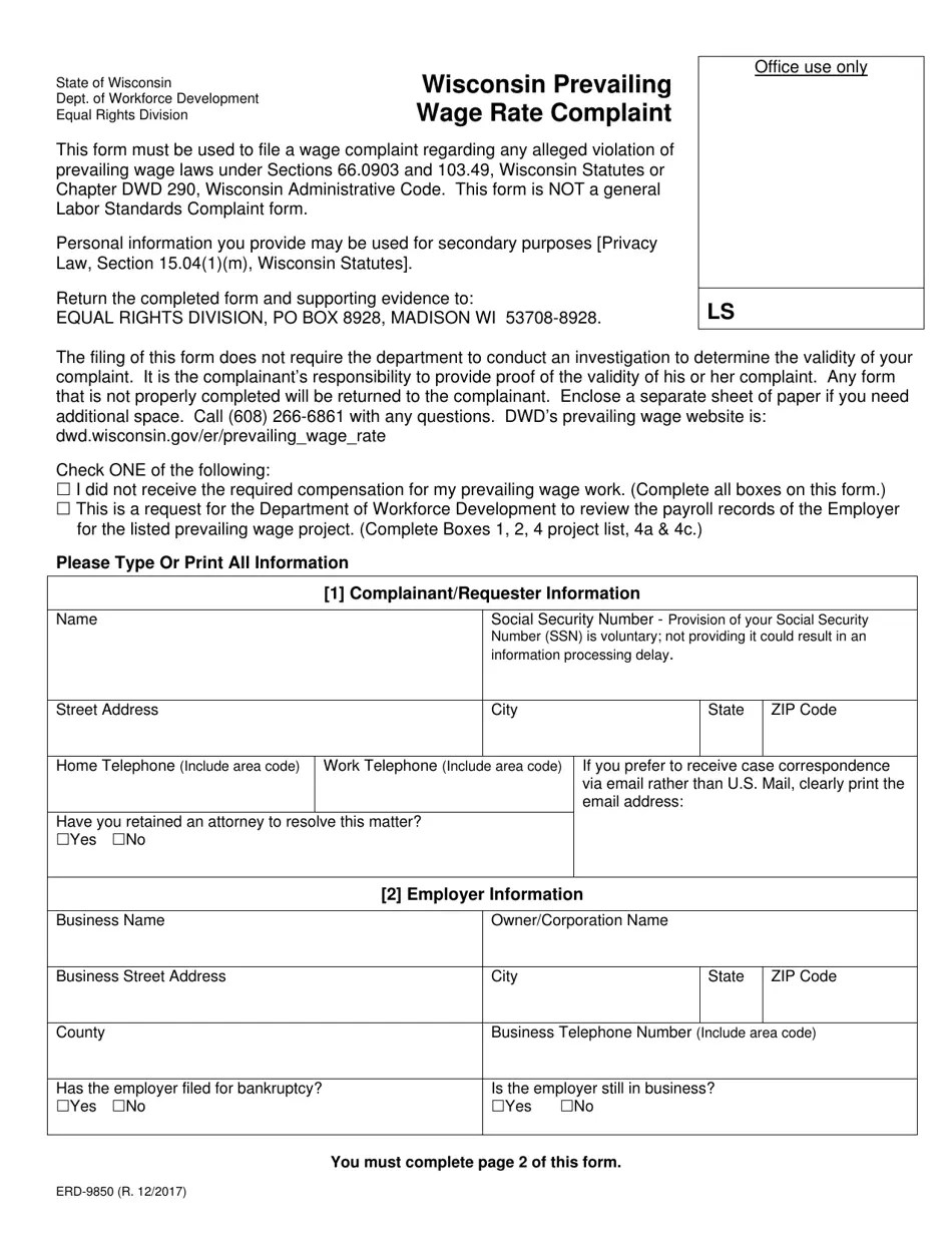 Form ERD9850 Download Printable PDF or Fill Online Wisconsin