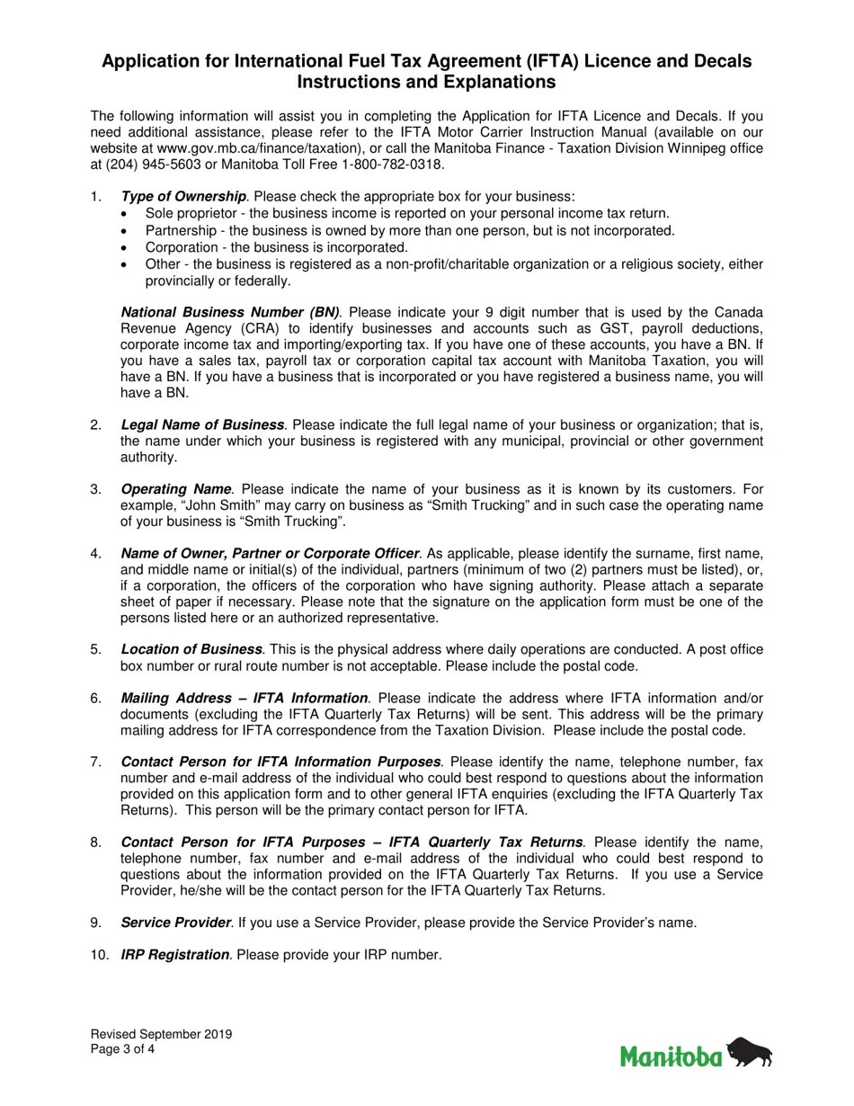 Manitoba Canada Application for International Fuel Tax Agreement (Ifta