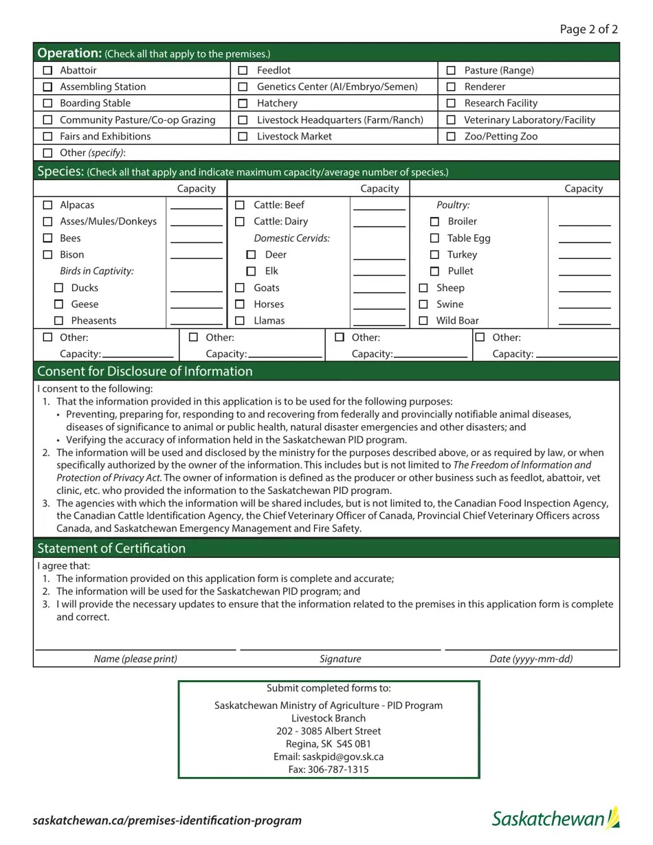 Saskatchewan Canada Premises Identification Program Application Form