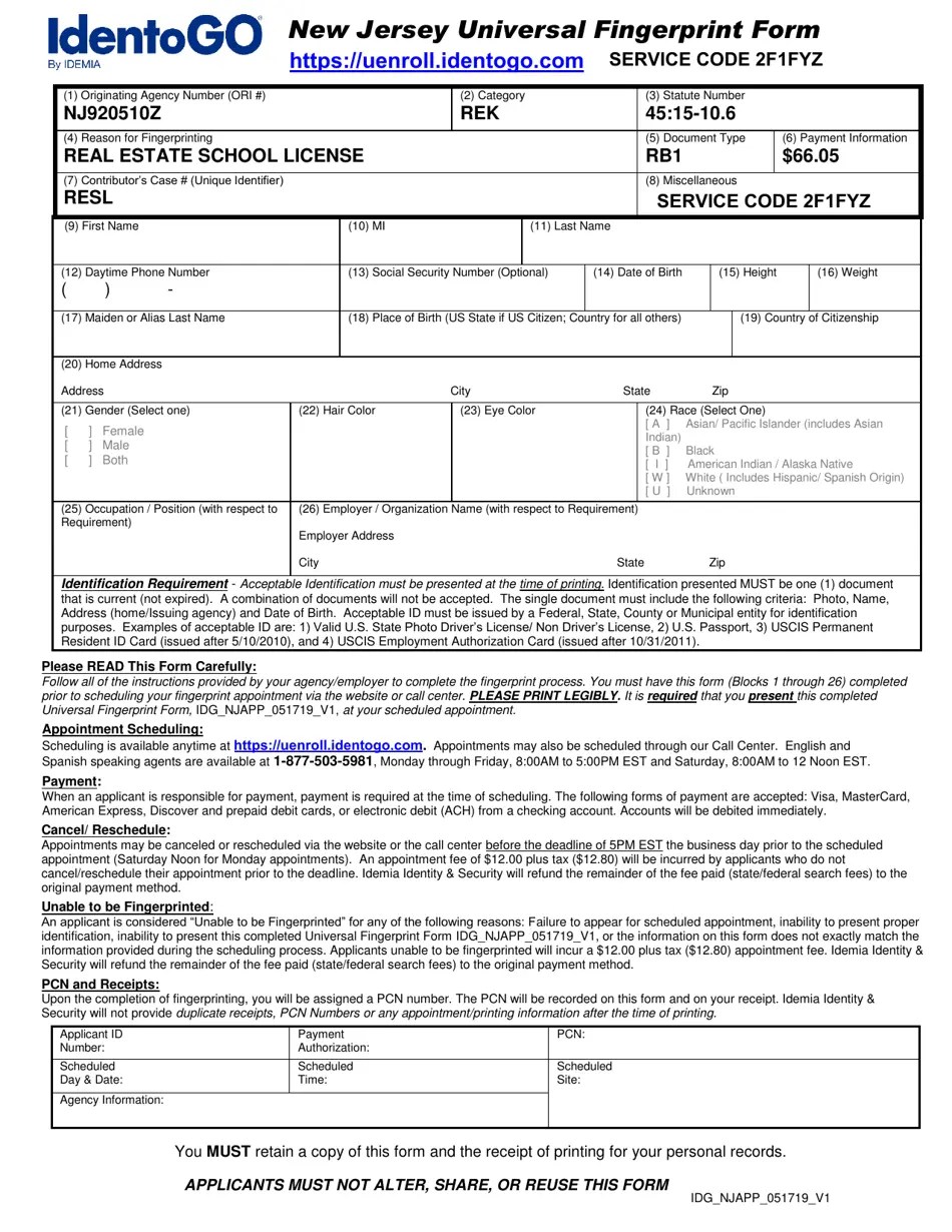 New Jersey New Jersey Universal Fingerprint Form Real Estate School