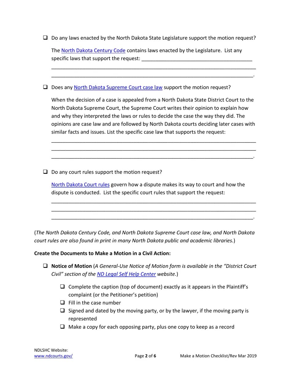 North Dakota Making a Motion in a Civil Action Checklist Fill Out, Sign Online and Download