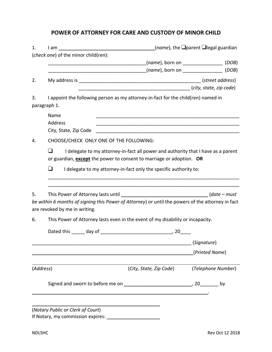 North Dakota Power of Attorney for Care and Custody of Minor Child